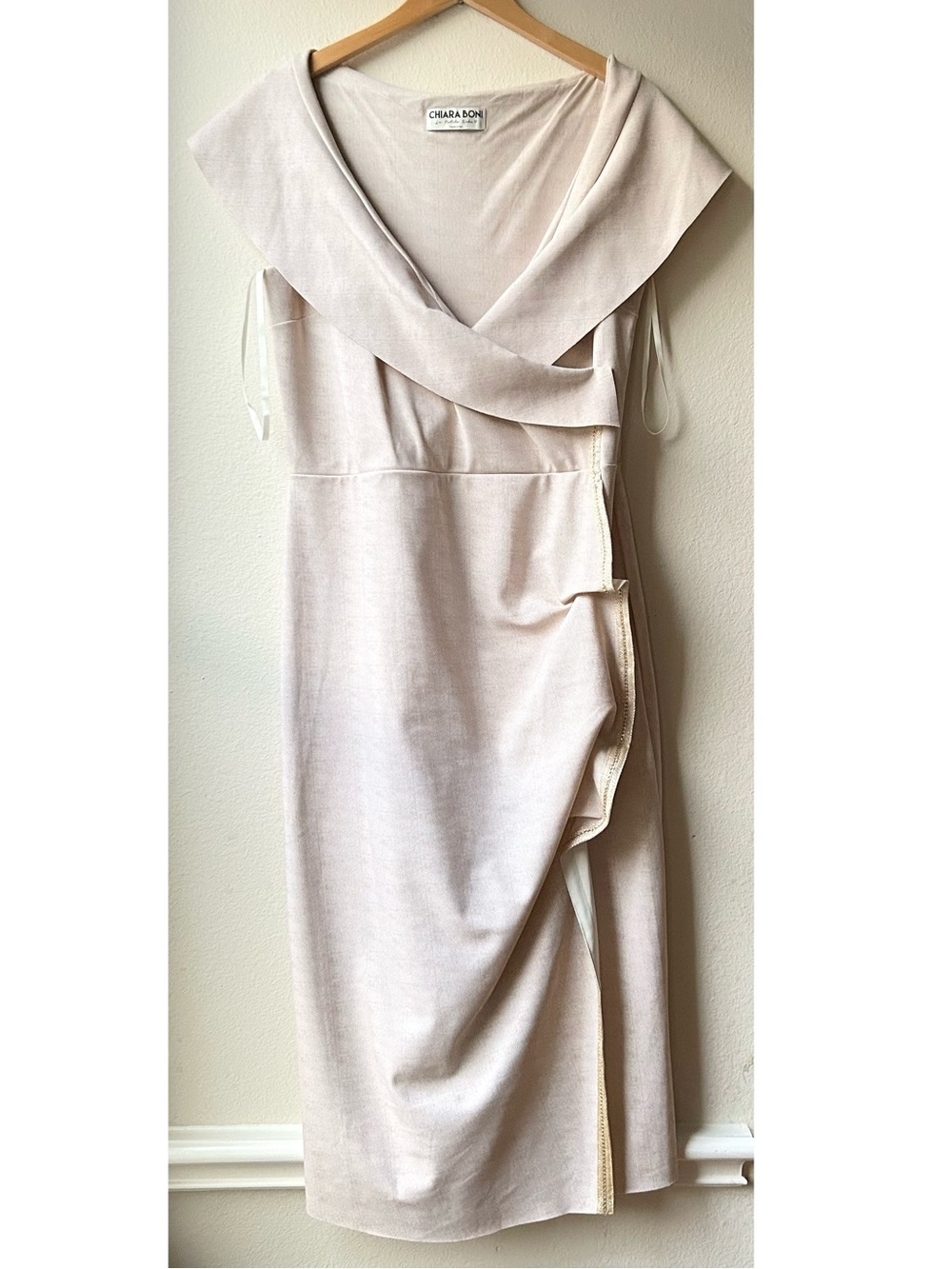 Chiara Boni La Petite Robe Draped Faux Wrap Dress Pullover Cream Chevron Sz XL - Picture 3 of 14